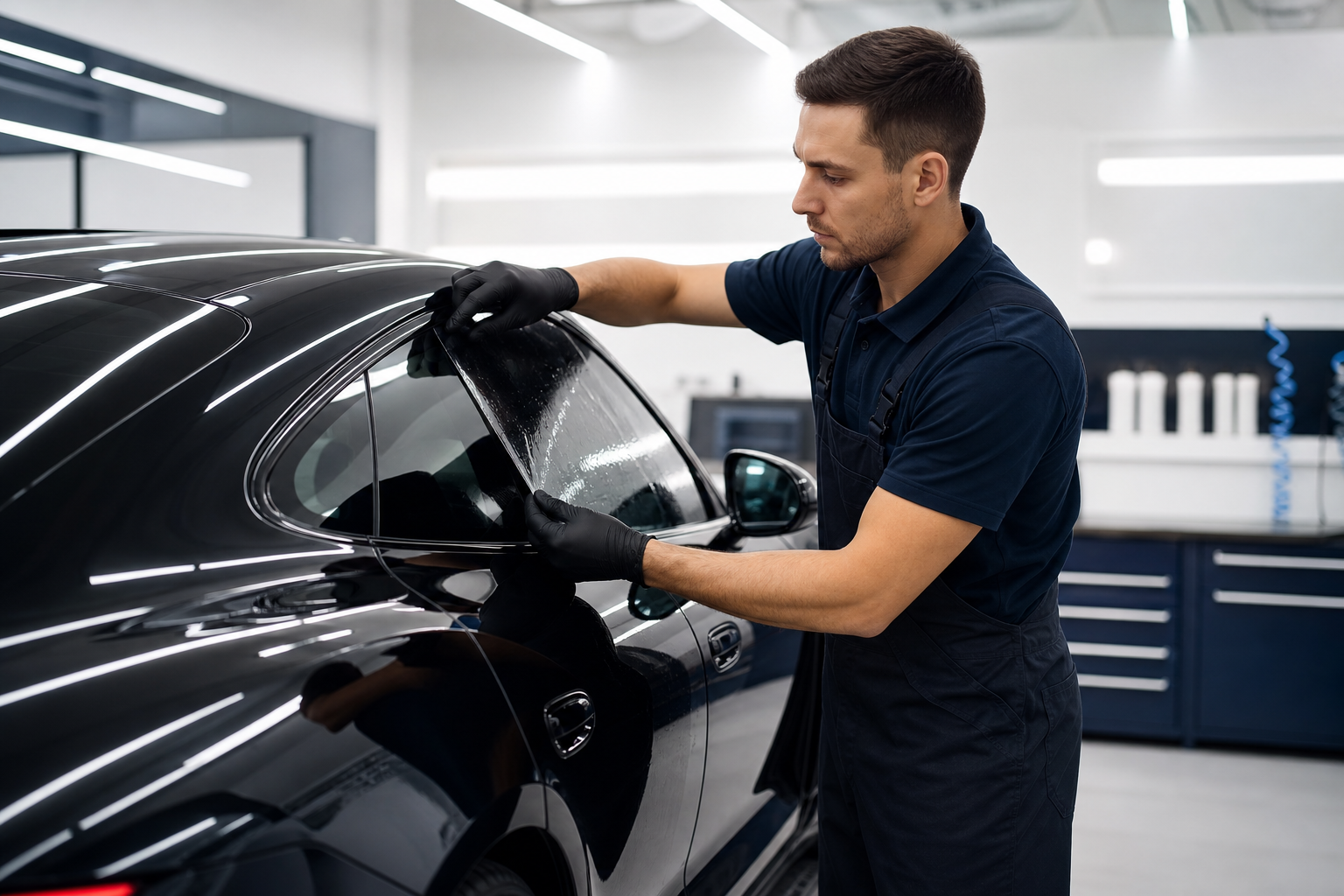 Technician applying window tint to a luxury vehicle in a professional workshop