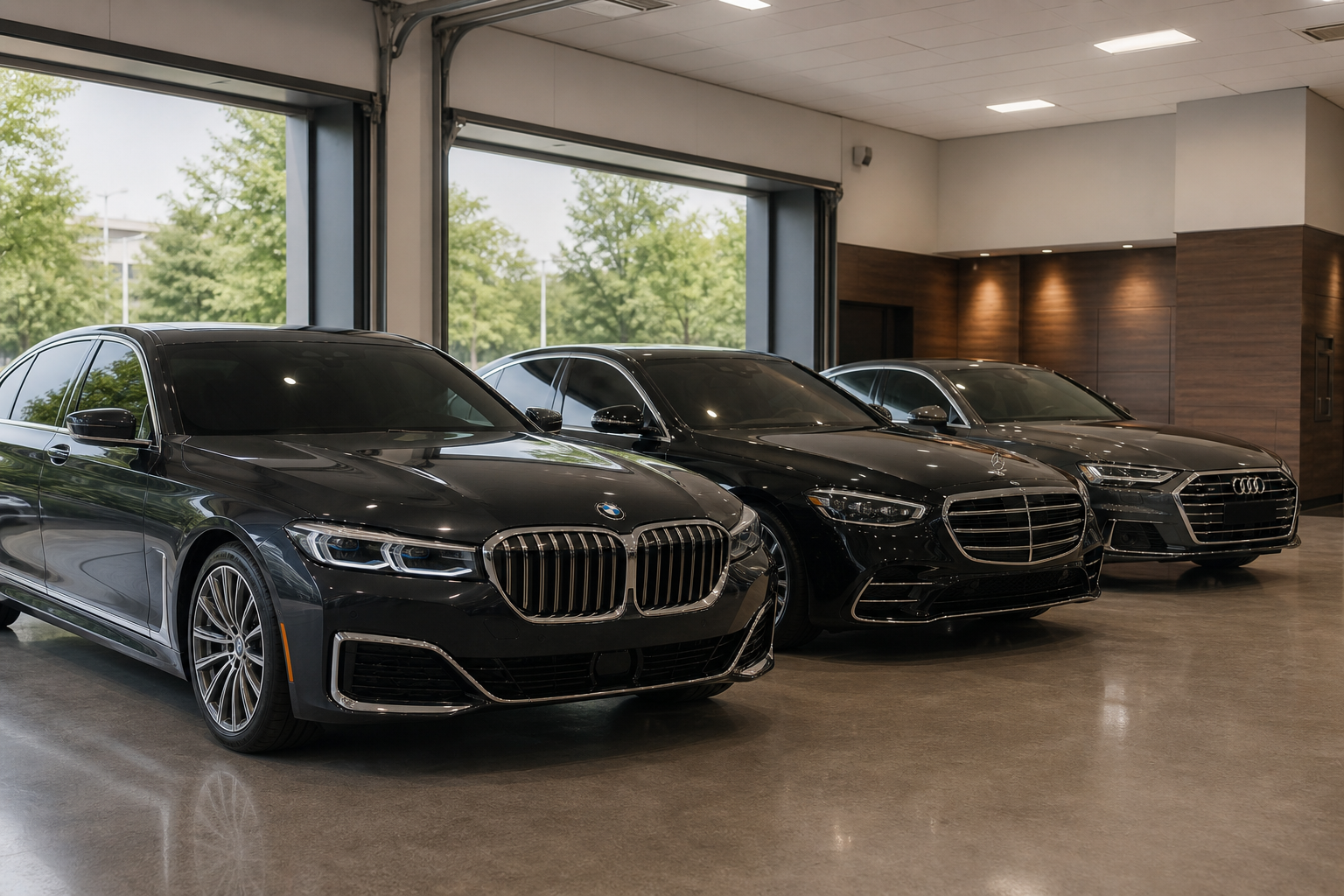 Luxury vehicles lined up in a dealership showroom awaiting pre-delivery preparation